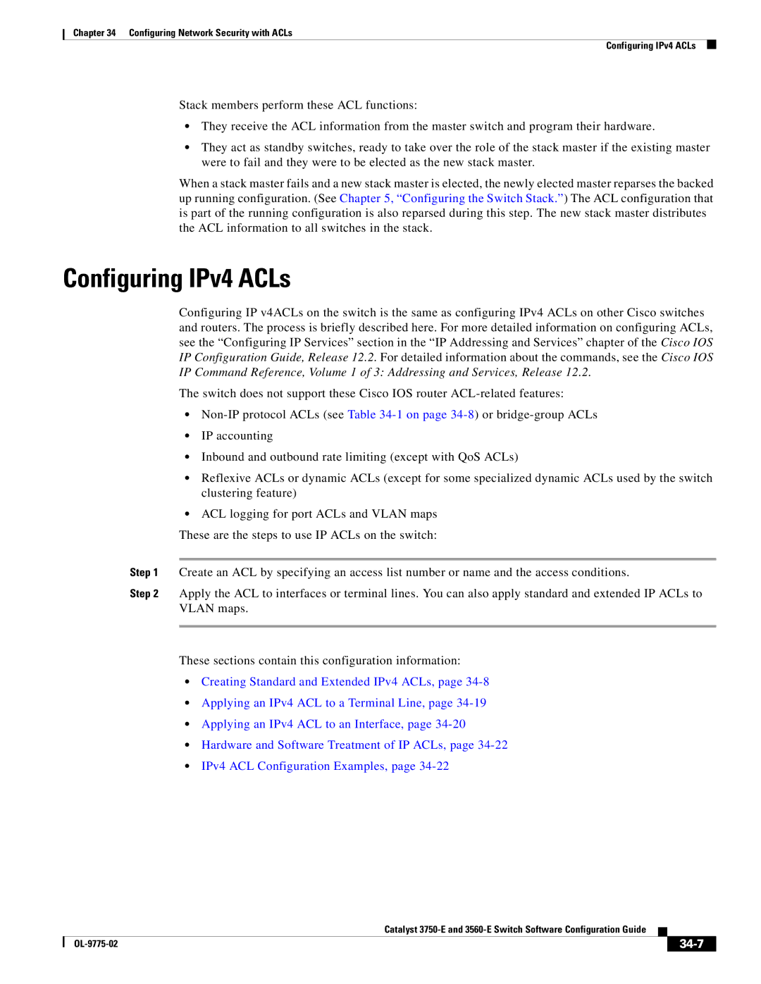 Cisco Systems 3750E manual Configuring IPv4 ACLs, 34-7 