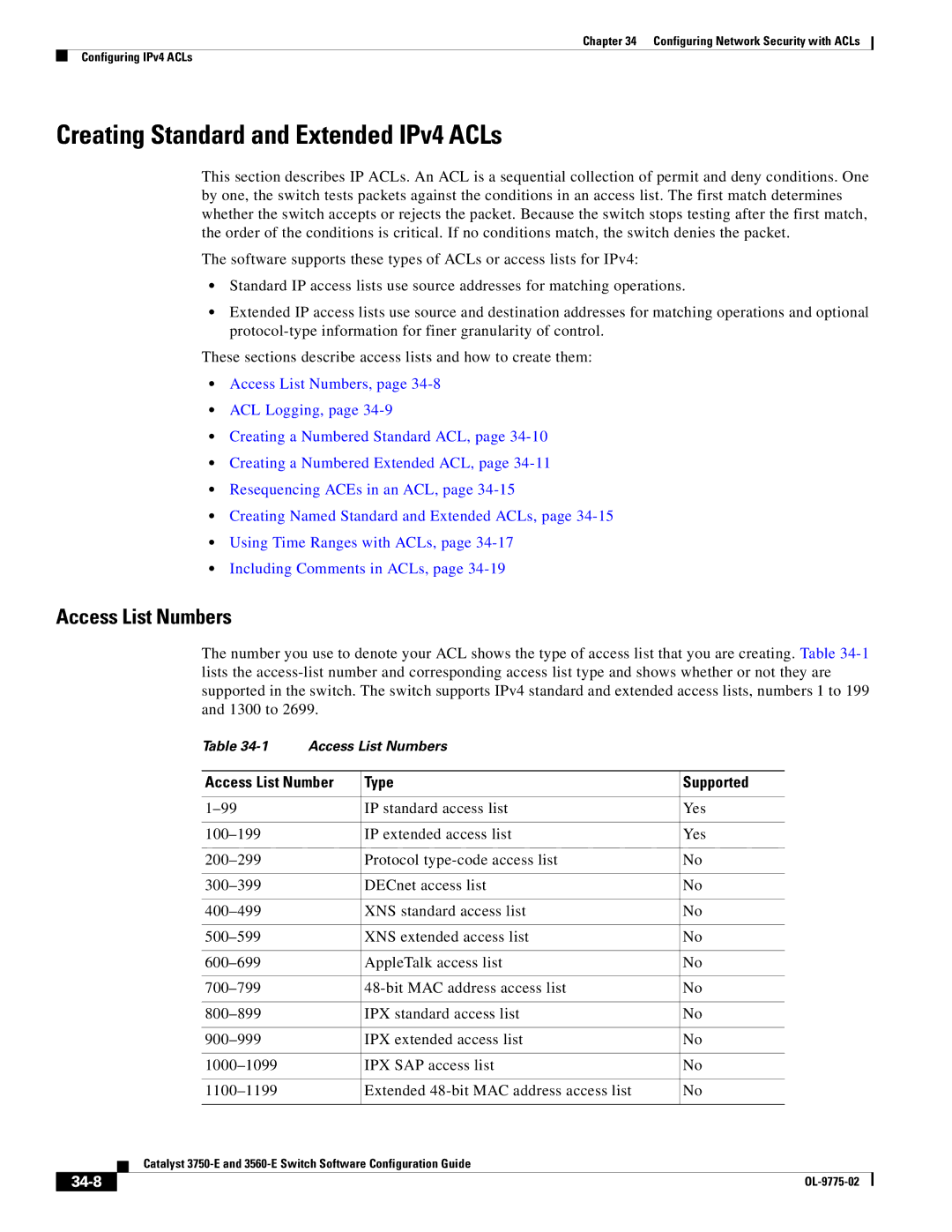 Cisco Systems 3750E Creating Standard and Extended IPv4 ACLs, Access List Numbers, Access List Number Type Supported, 34-8 