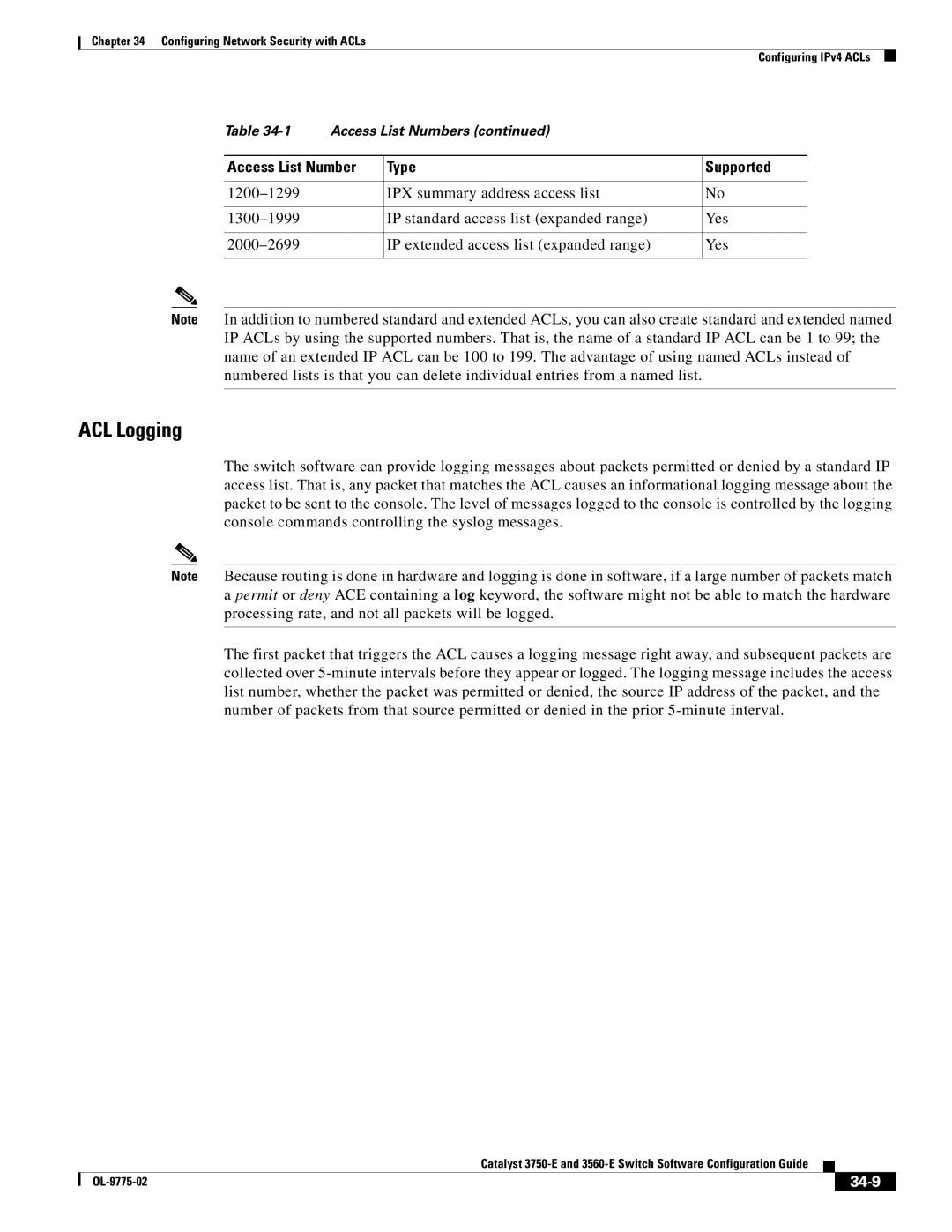 Cisco Systems 3750E manual ACL Logging, 34-9 