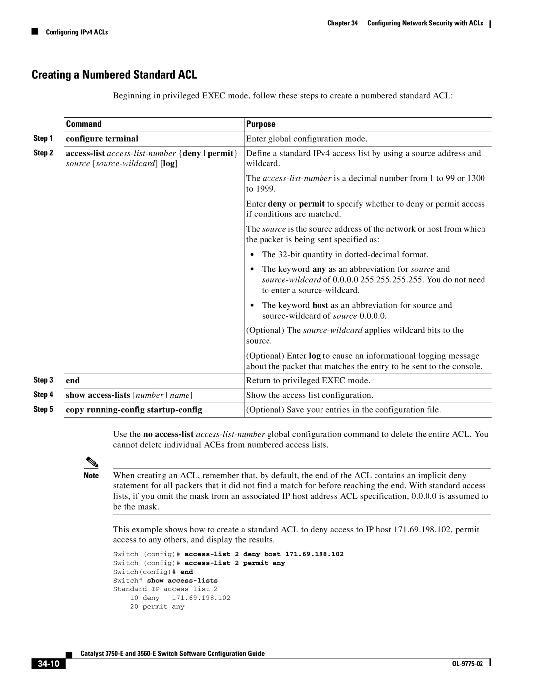 Cisco Systems 3750E manual Creating a Numbered Standard ACL, Access-list access-list-number deny permit, 34-10 