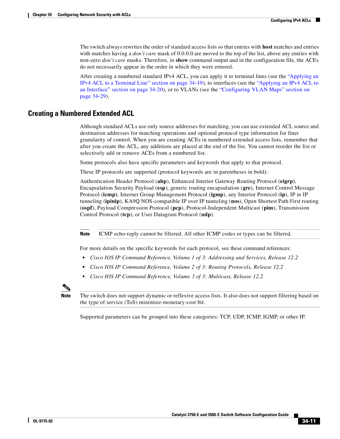 Cisco Systems 3750E manual Creating a Numbered Extended ACL, 34-11 