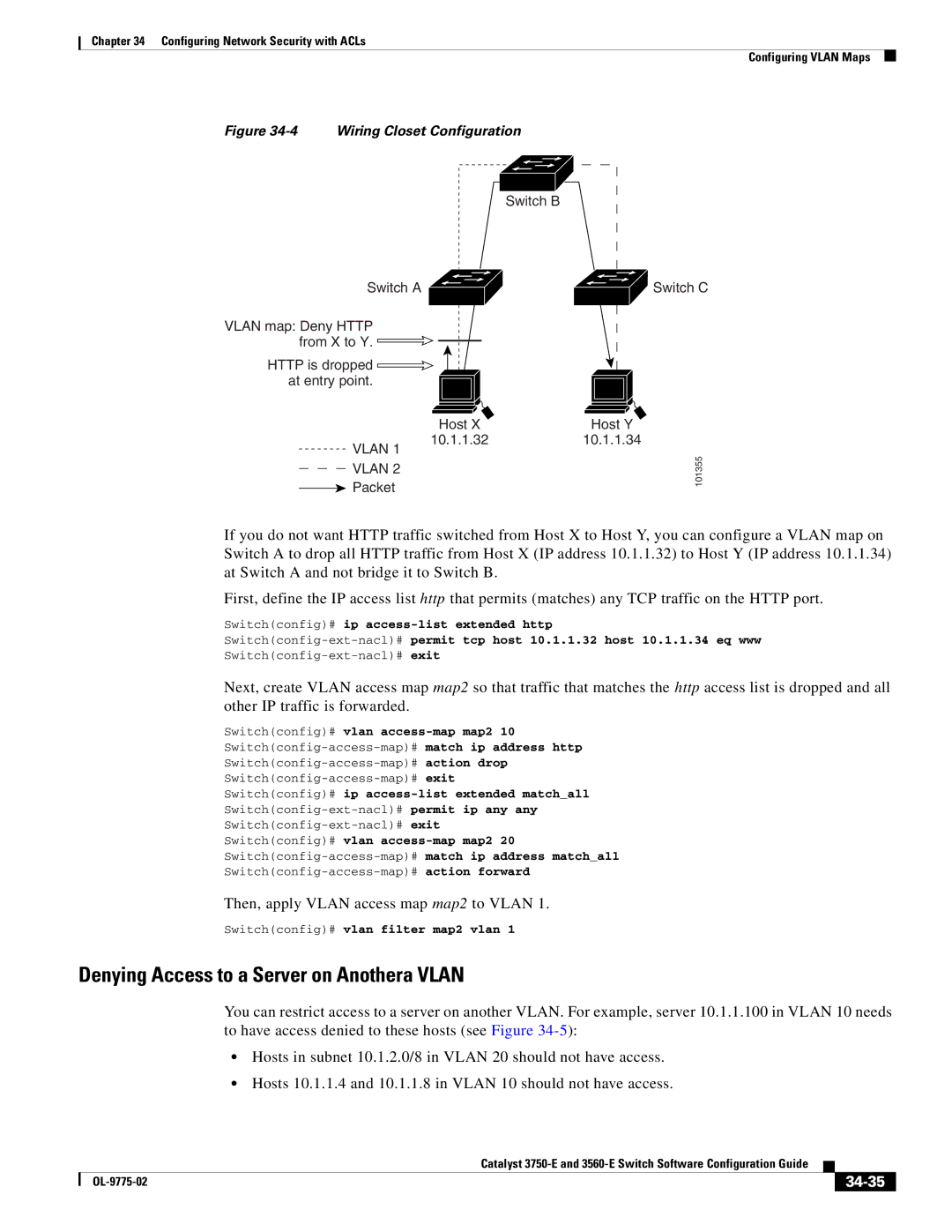 Cisco Systems 3750E manual Denying Access to a Server on Anothera Vlan, 34-35, Switchconfig# vlan access-map map2 