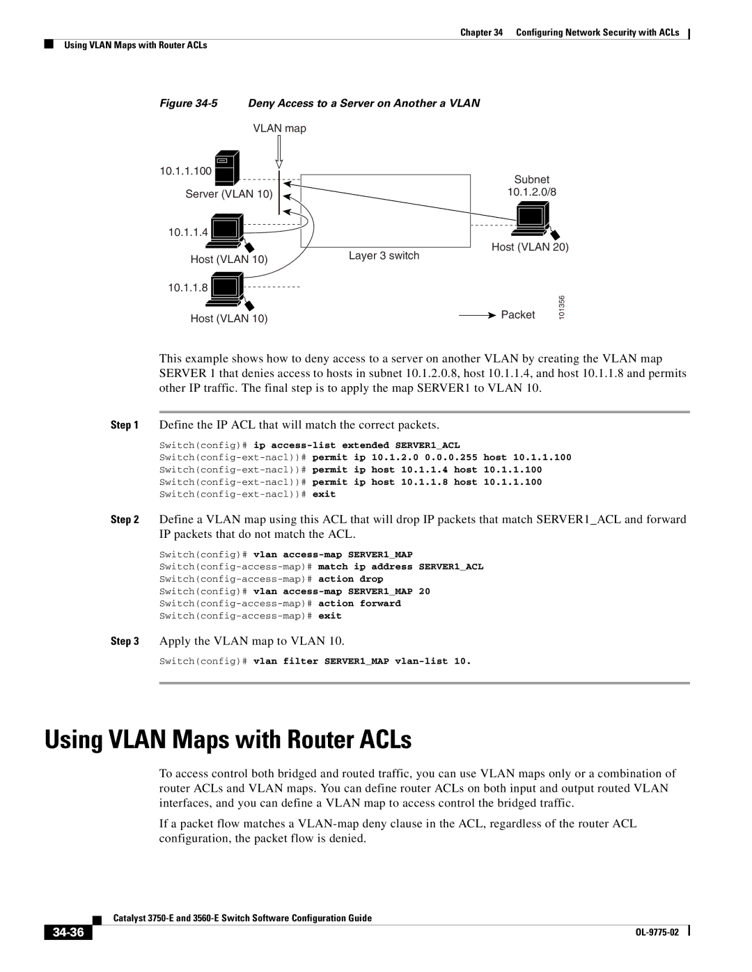 Cisco Systems 3750E manual Using Vlan Maps with Router ACLs, 34-36 