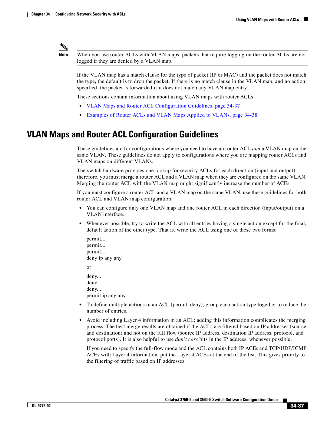 Cisco Systems 3750E manual Vlan Maps and Router ACL Configuration Guidelines, 34-37 