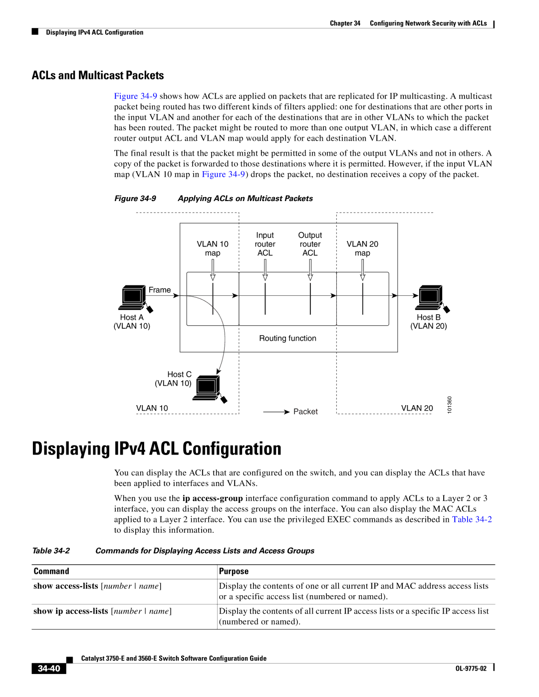 Cisco Systems 3750E Displaying IPv4 ACL Configuration, ACLs and Multicast Packets, Show ip access-lists number name, 34-40 