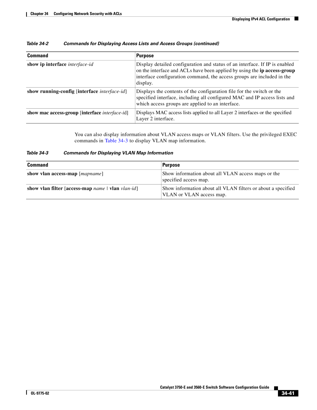 Cisco Systems 3750E manual Show ip interface interface-id, Show running-config interface interface-id, 34-41 