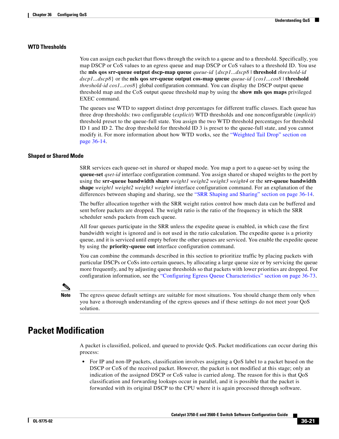 Cisco Systems 3750E manual Packet Modification, 36-21 