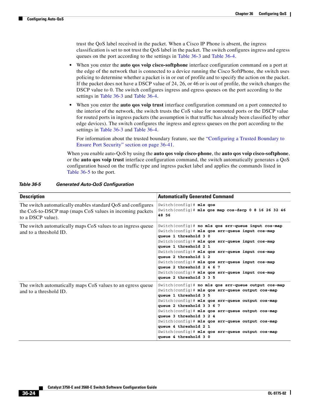 Cisco Systems 3750E manual Description Automatically Generated Command, 36-24 