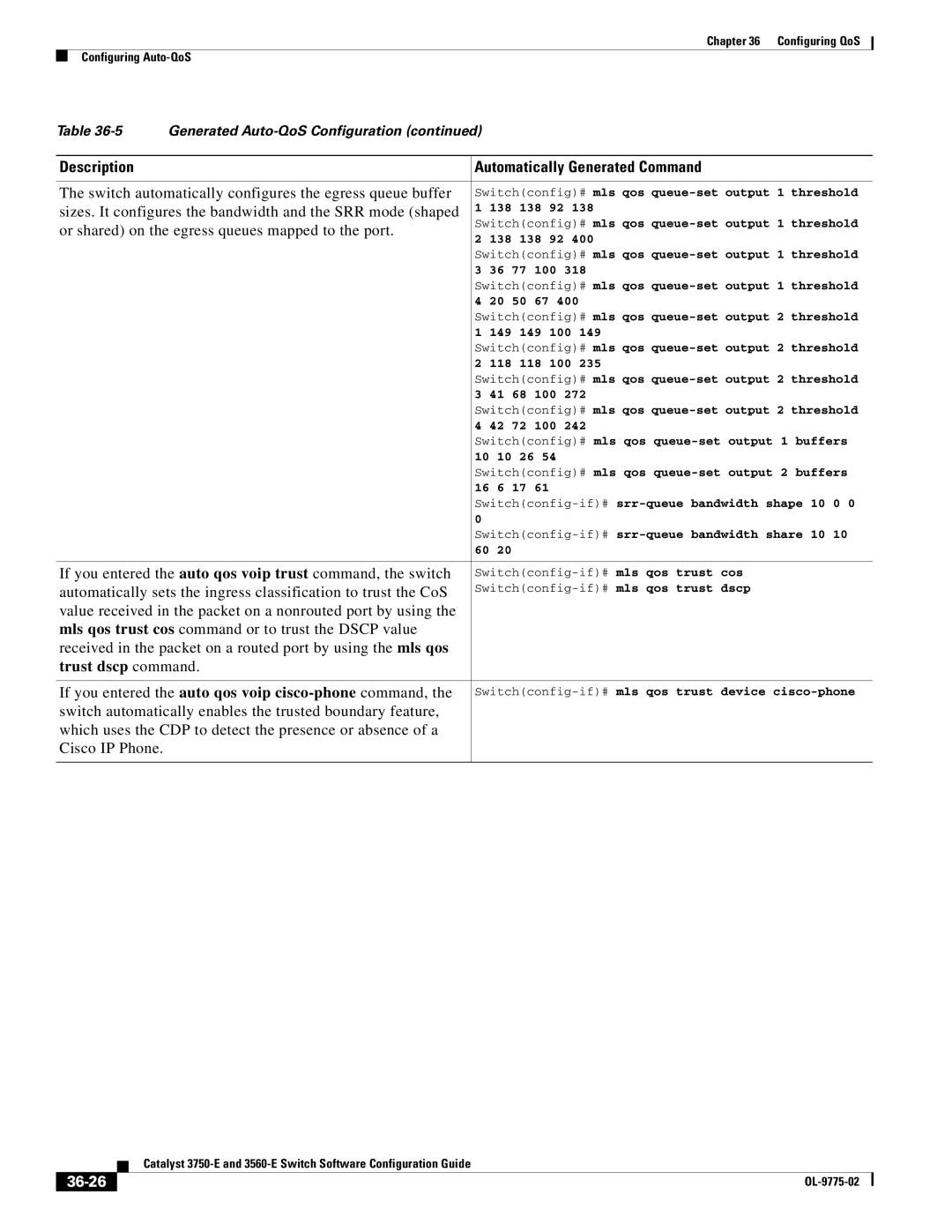 Cisco Systems 3750E manual Switch automatically configures the egress queue buffer, 36-26 