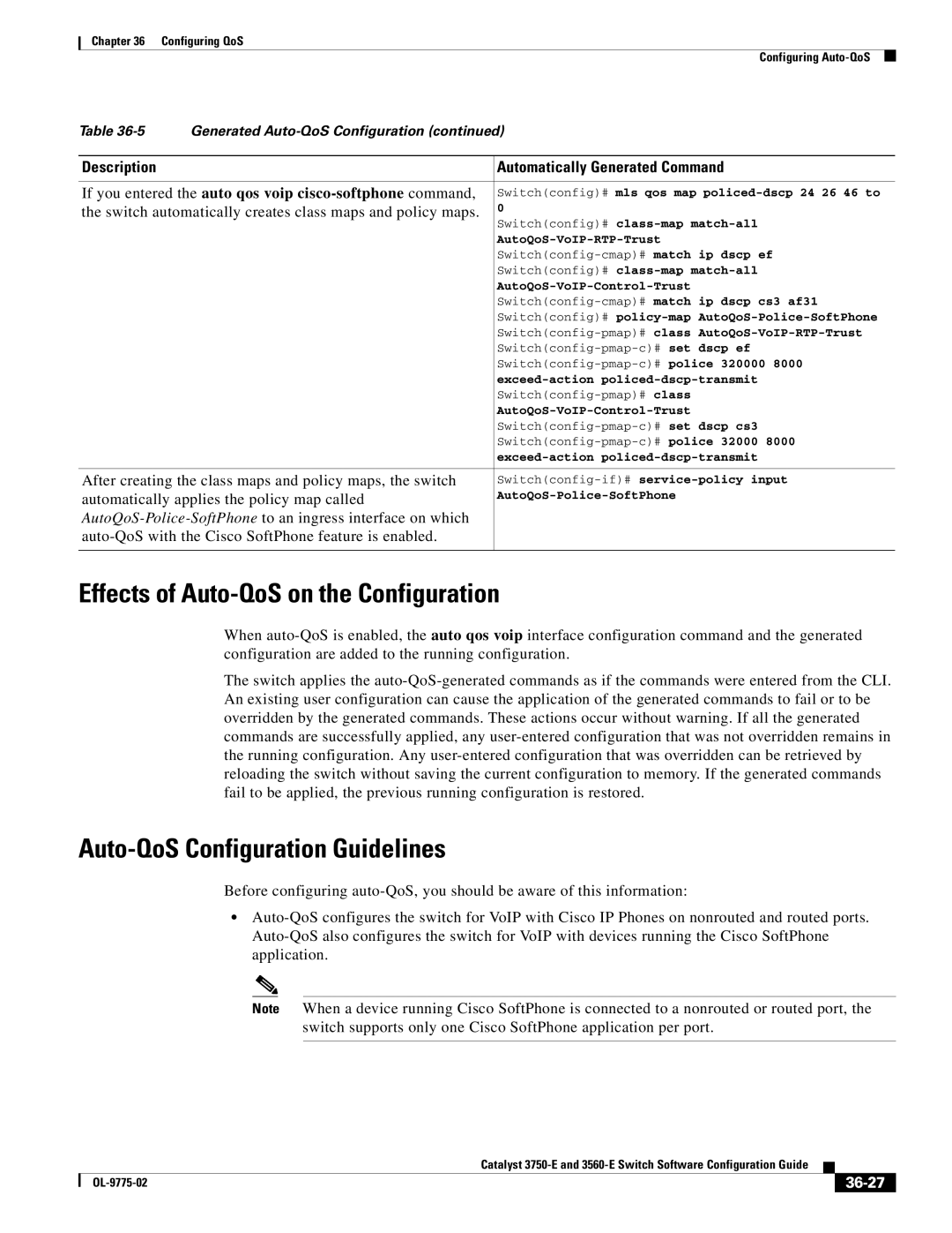 Cisco Systems 3750E manual Effects of Auto-QoS on the Configuration, Auto-QoS Configuration Guidelines, 36-27 