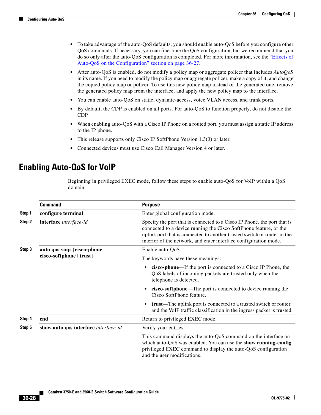 Cisco Systems 3750E manual Enabling Auto-QoS for VoIP, Auto qos voip cisco-phone, Cisco-softphone trust, 36-28 