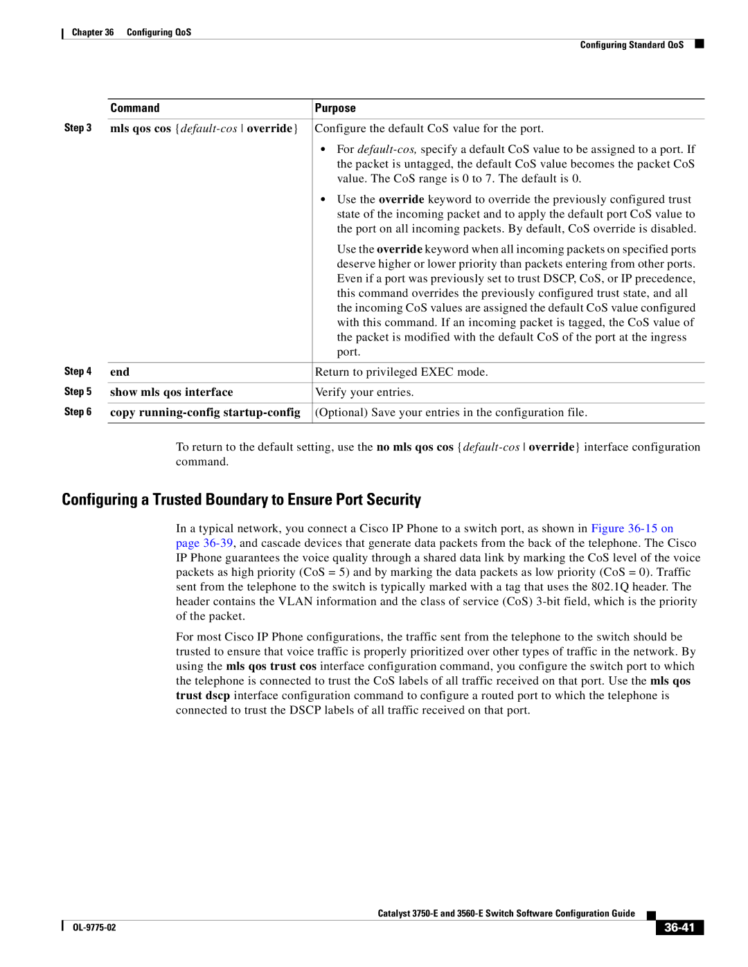 Cisco Systems 3750E manual Configuring a Trusted Boundary to Ensure Port Security, Mls qos cos default-cos override, 36-41 