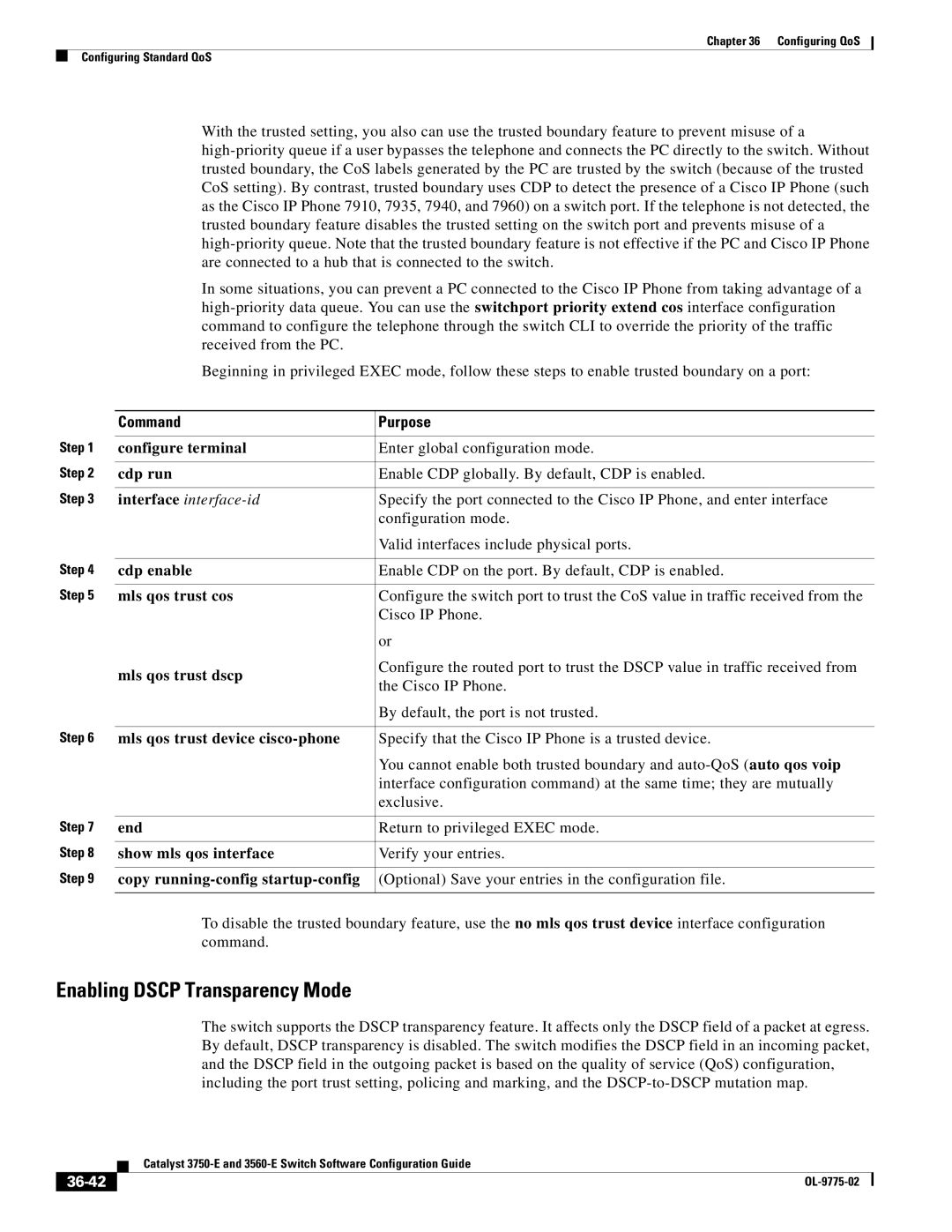 Cisco Systems 3750E manual Enabling Dscp Transparency Mode, Mls qos trust dscp, Mls qos trust device cisco-phone, 36-42 