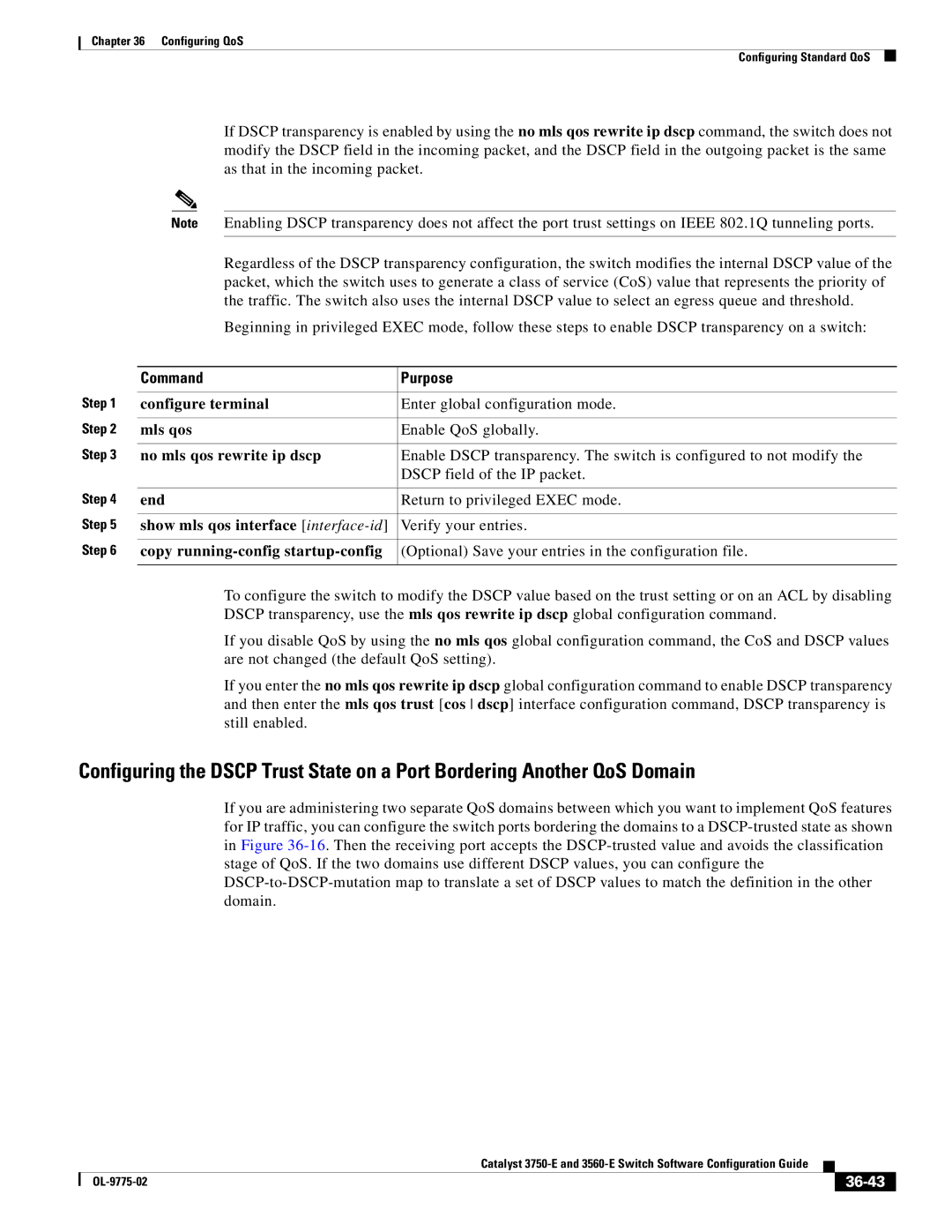 Cisco Systems 3750E manual No mls qos rewrite ip dscp, 36-43 