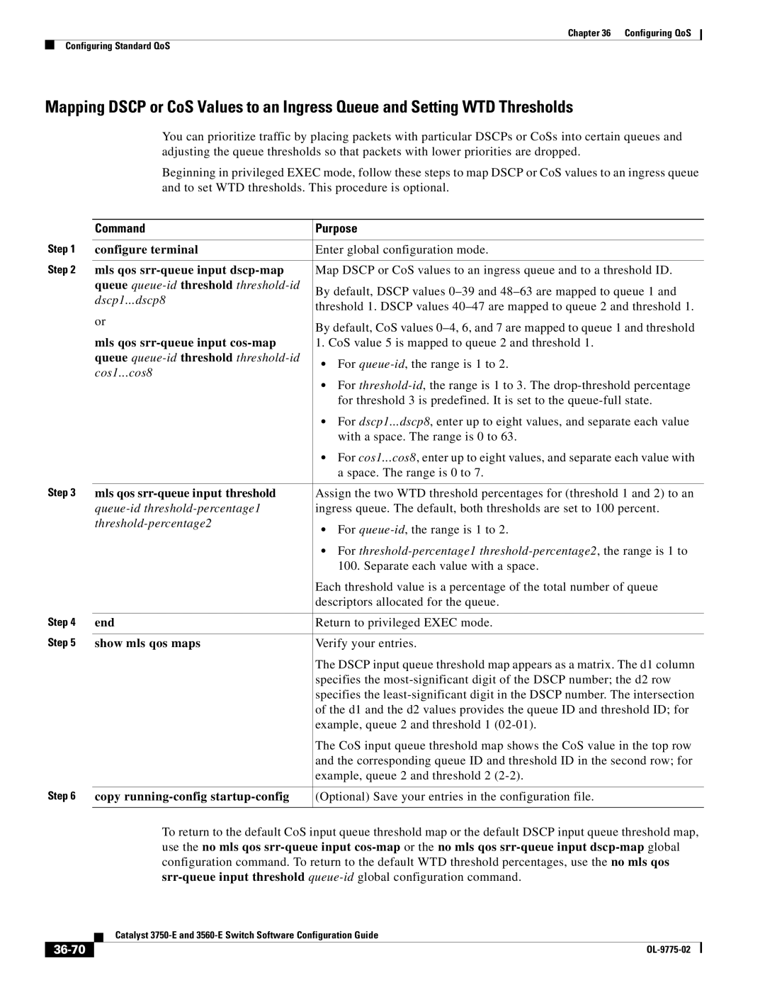 Cisco Systems 3750E Mls qos srr-queue input dscp-map, Mls qos srr-queue input cos-map, Mls qos srr-queue input threshold 