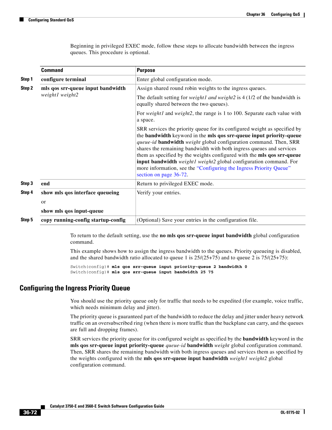 Cisco Systems 3750E Configuring the Ingress Priority Queue, Mls qos srr-queue input bandwidth, Weight1 weight2, 36-72 