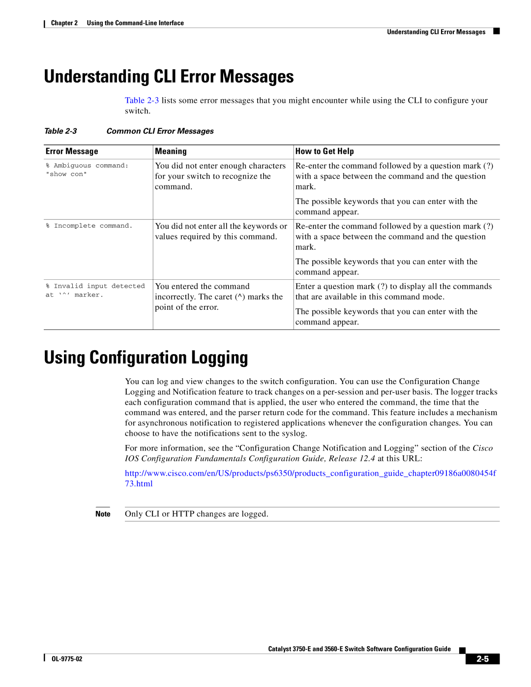 Cisco Systems 3750E Understanding CLI Error Messages, Using Configuration Logging, Error Message Meaning How to Get Help 