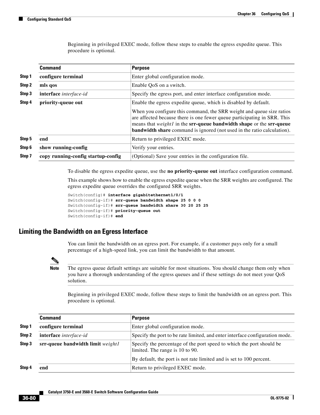 Cisco Systems 3750E manual Limiting the Bandwidth on an Egress Interface, Mls qos Enable QoS on a switch, 36-80 