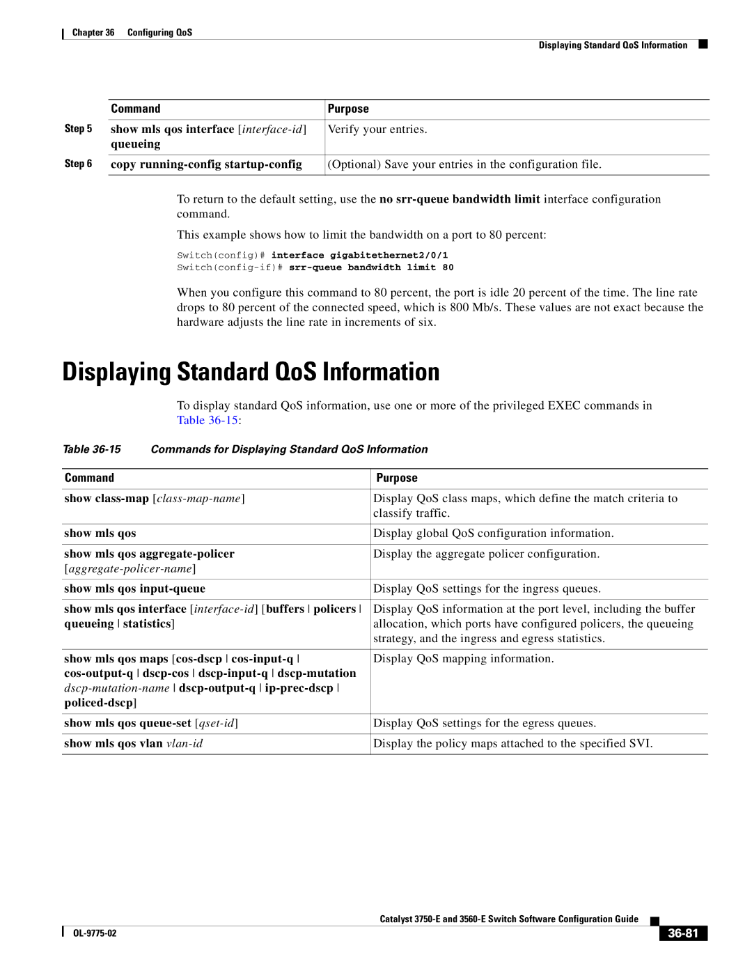 Cisco Systems 3750E manual Displaying Standard QoS Information, 36-81 