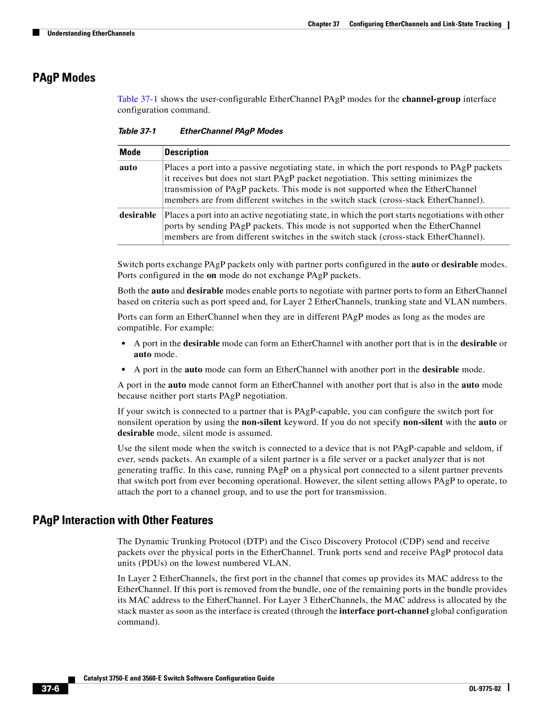 Cisco Systems 3750E manual PAgP Modes, PAgP Interaction with Other Features, Mode Description, Auto, 37-6 