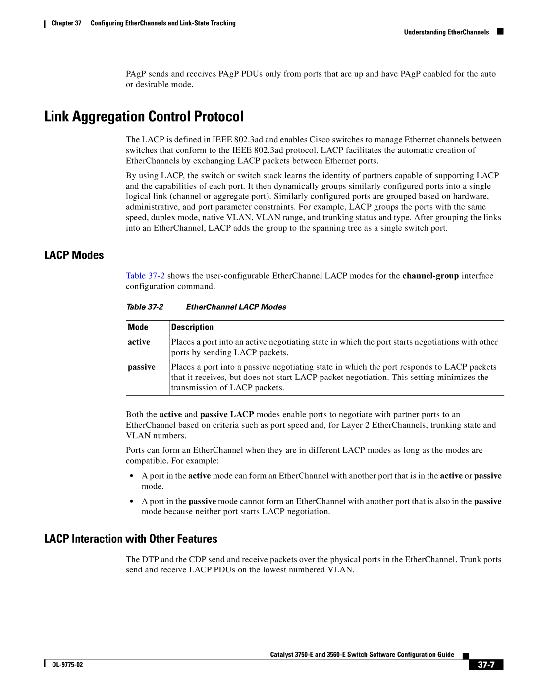 Cisco Systems 3750E manual Link Aggregation Control Protocol, Lacp Modes, Lacp Interaction with Other Features, 37-7 