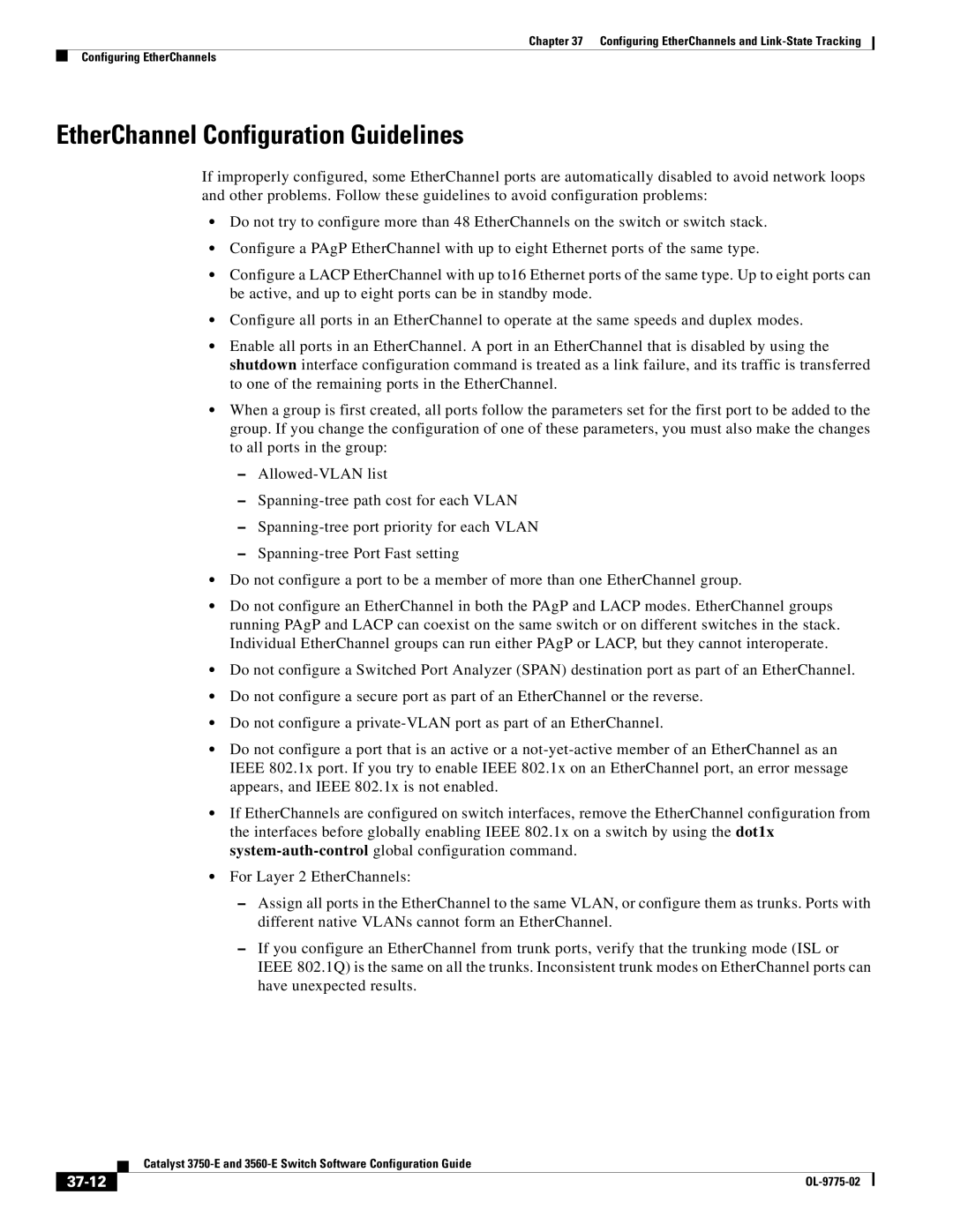 Cisco Systems 3750E manual EtherChannel Configuration Guidelines, 37-12 