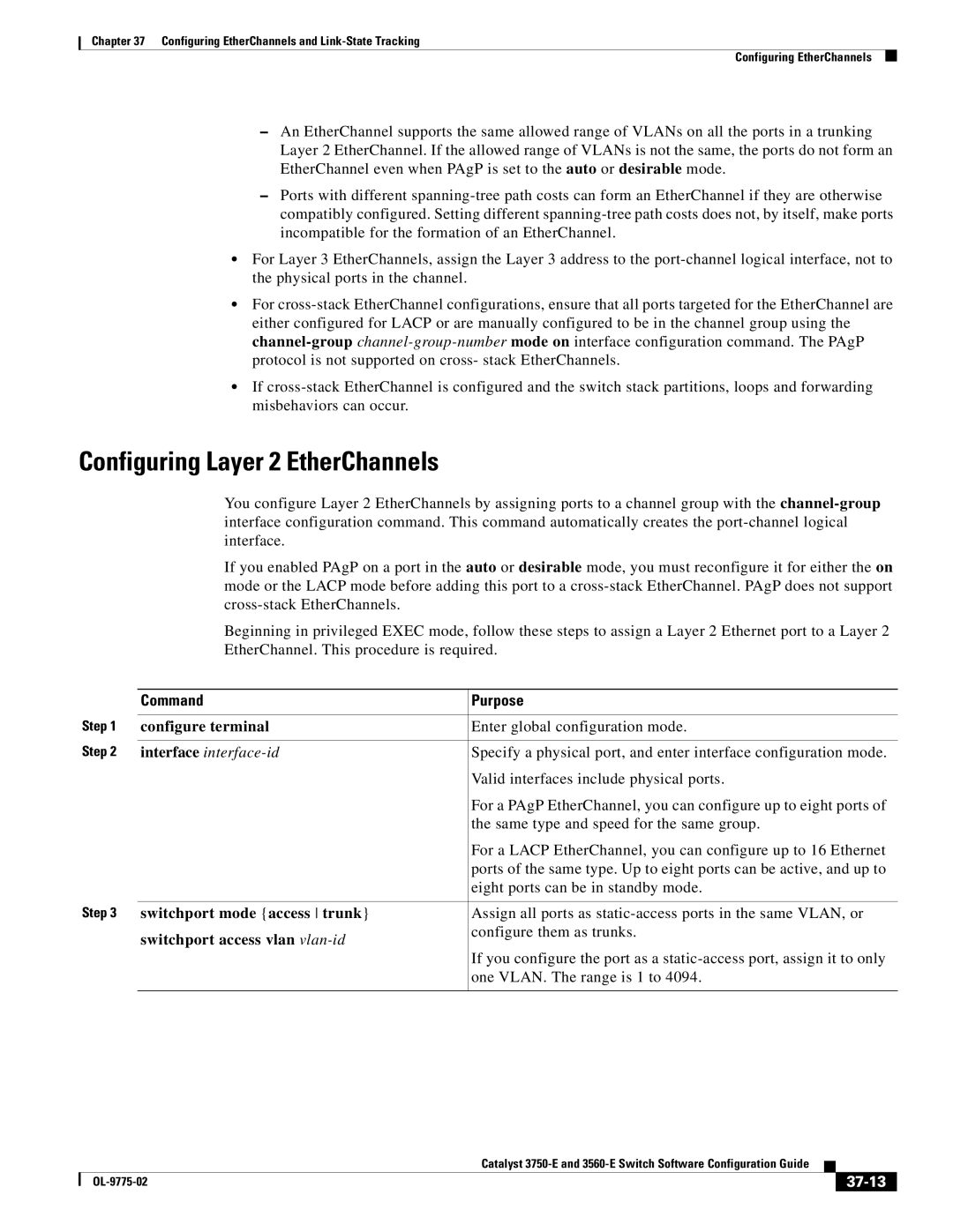 Cisco Systems 3750E manual Configuring Layer 2 EtherChannels, 37-13 