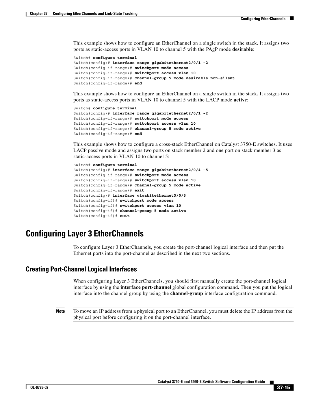 Cisco Systems 3750E manual Configuring Layer 3 EtherChannels, Creating Port-Channel Logical Interfaces, 37-15 