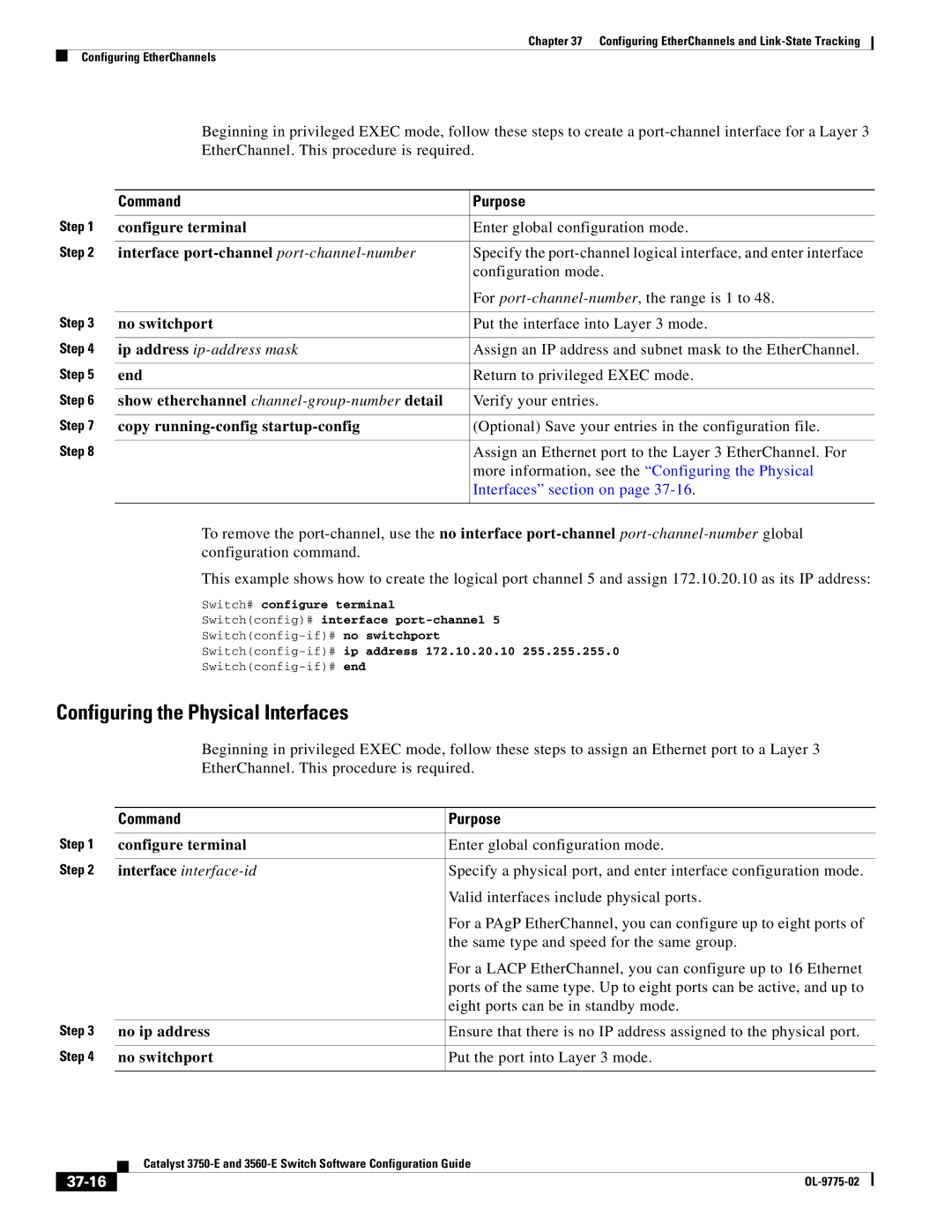 Cisco Systems 3750E Configuring the Physical Interfaces, Interface port-channel port-channel-number, No ip address, 37-16 