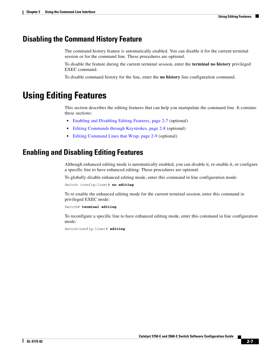 Cisco Systems 3750E Using Editing Features, Disabling the Command History Feature, Enabling and Disabling Editing Features 