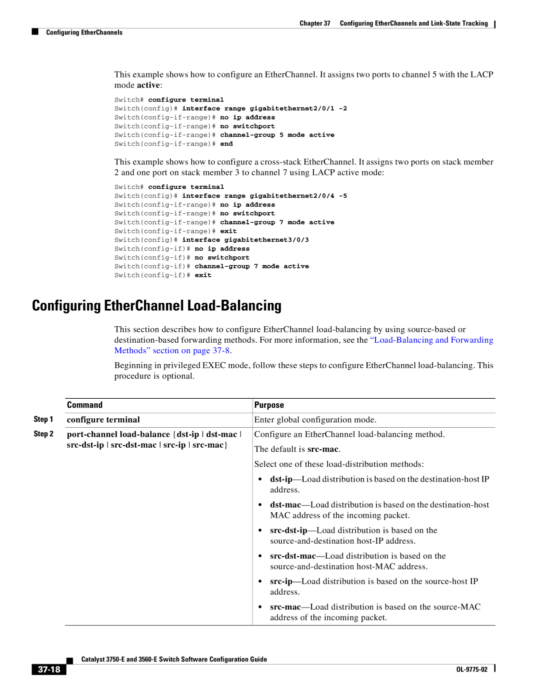 Cisco Systems 3750E manual Configuring EtherChannel Load-Balancing, Port-channel load-balance dst-ip dst-mac, 37-18 