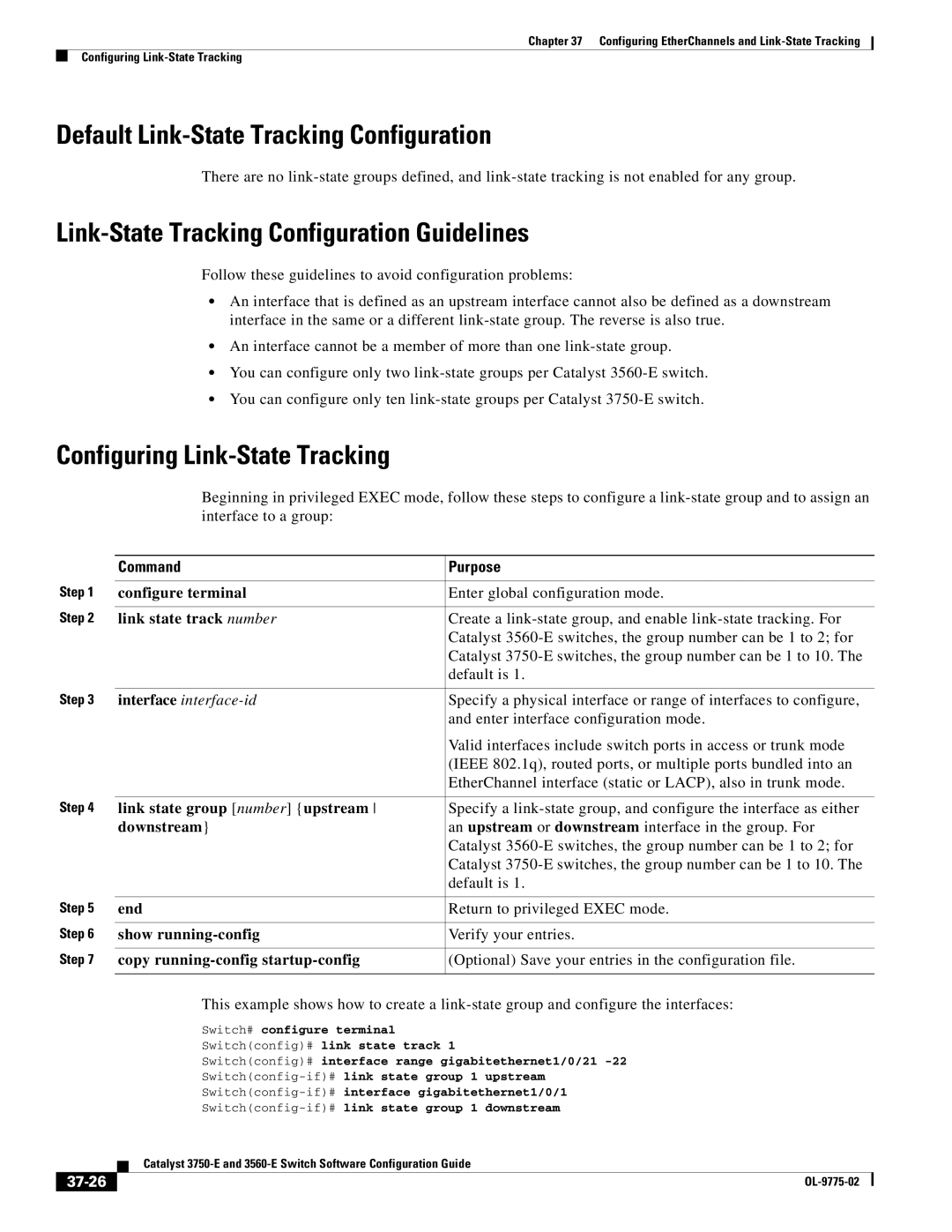 Cisco Systems 3750E manual Default Link-State Tracking Configuration, Link-State Tracking Configuration Guidelines, 37-26 