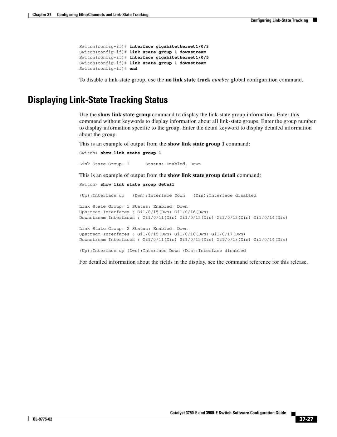 Cisco Systems 3750E manual Displaying Link-State Tracking Status, 37-27, Switch show link state group 