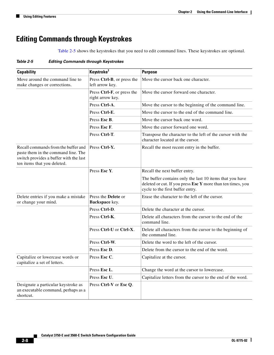 Cisco Systems 3750E manual Editing Commands through Keystrokes, Capability Keystroke1 Purpose 