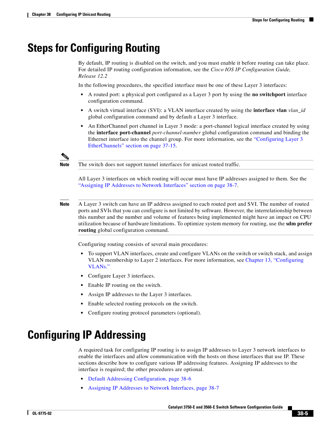 Cisco Systems 3750E manual Steps for Configuring Routing, Configuring IP Addressing, 38-5 