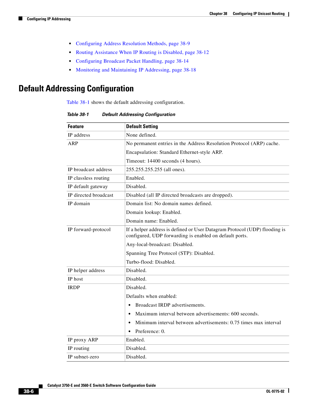 Cisco Systems 3750E manual Default Addressing Configuration, Arp, Irdp, 38-6 