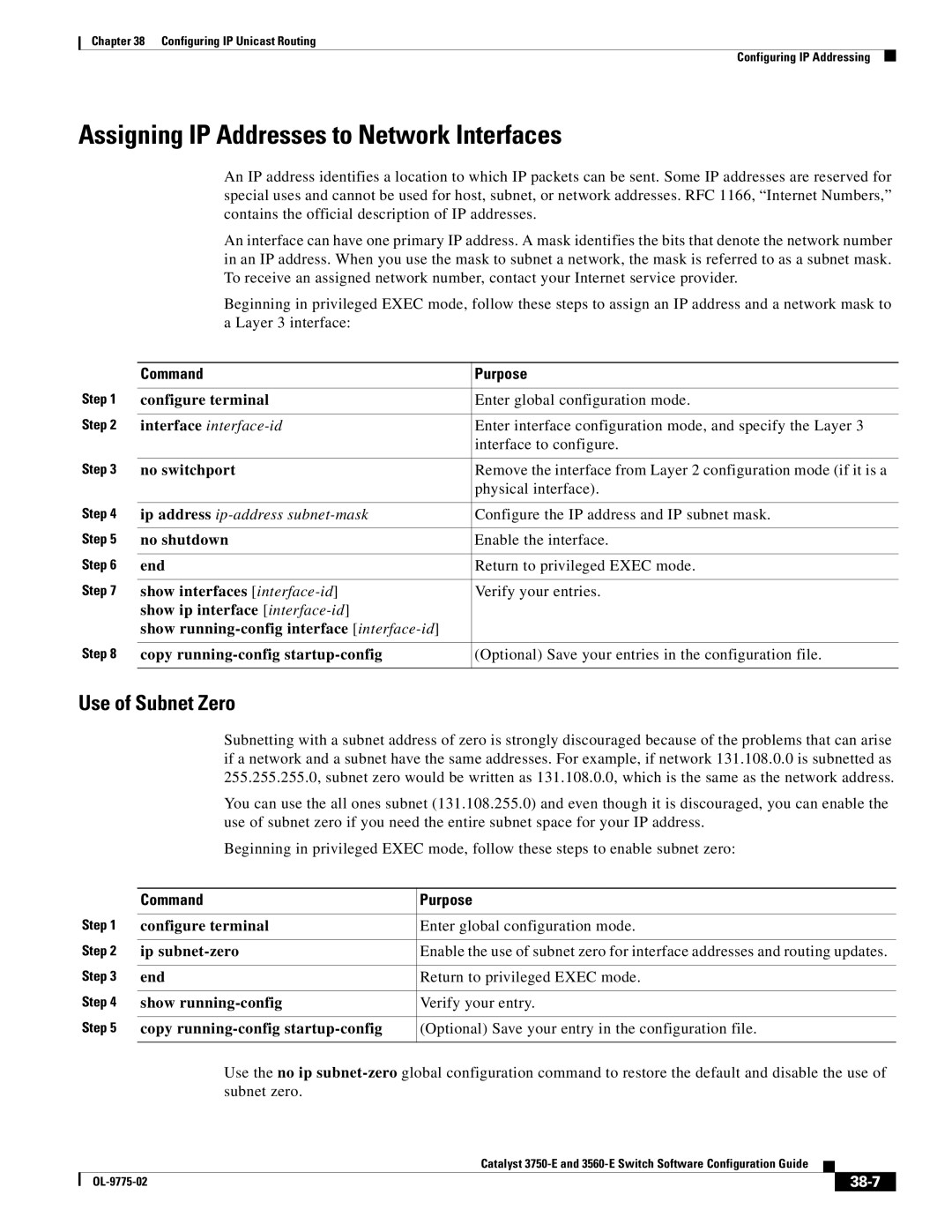 Cisco Systems 3750E manual Assigning IP Addresses to Network Interfaces, Use of Subnet Zero, 38-7 