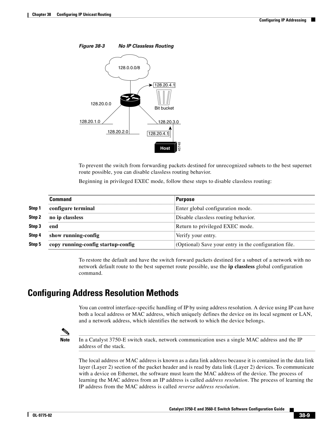 Cisco Systems 3750E manual Configuring Address Resolution Methods, No ip classless Disable classless routing behavior, 38-9 