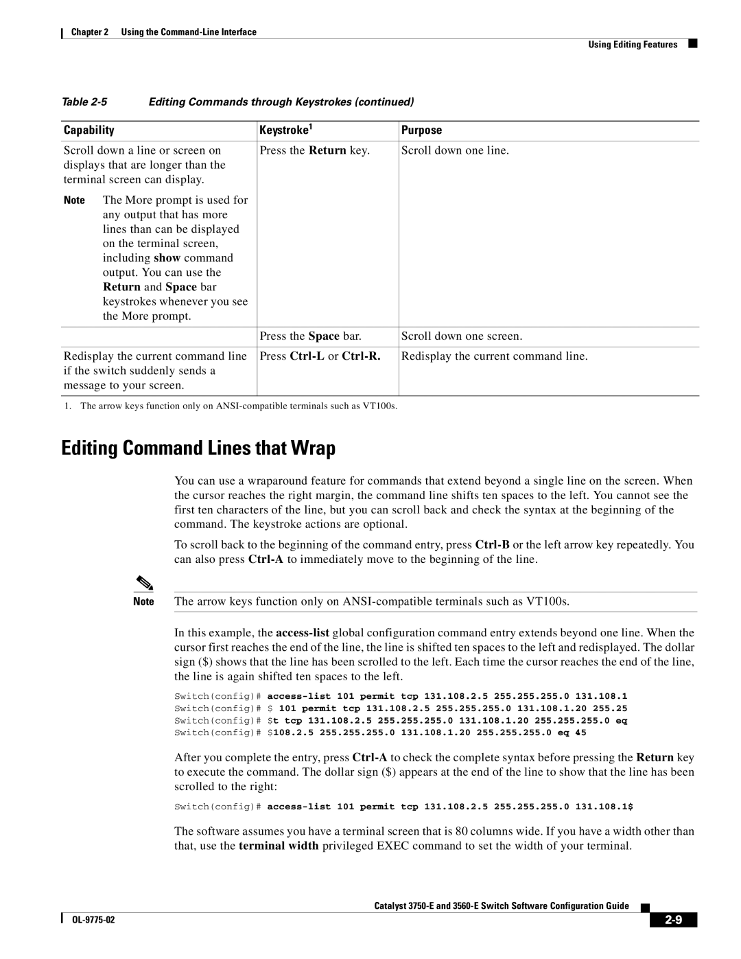 Cisco Systems 3750E manual Editing Command Lines that Wrap, Return and Space bar, Press Ctrl-L or Ctrl-R 