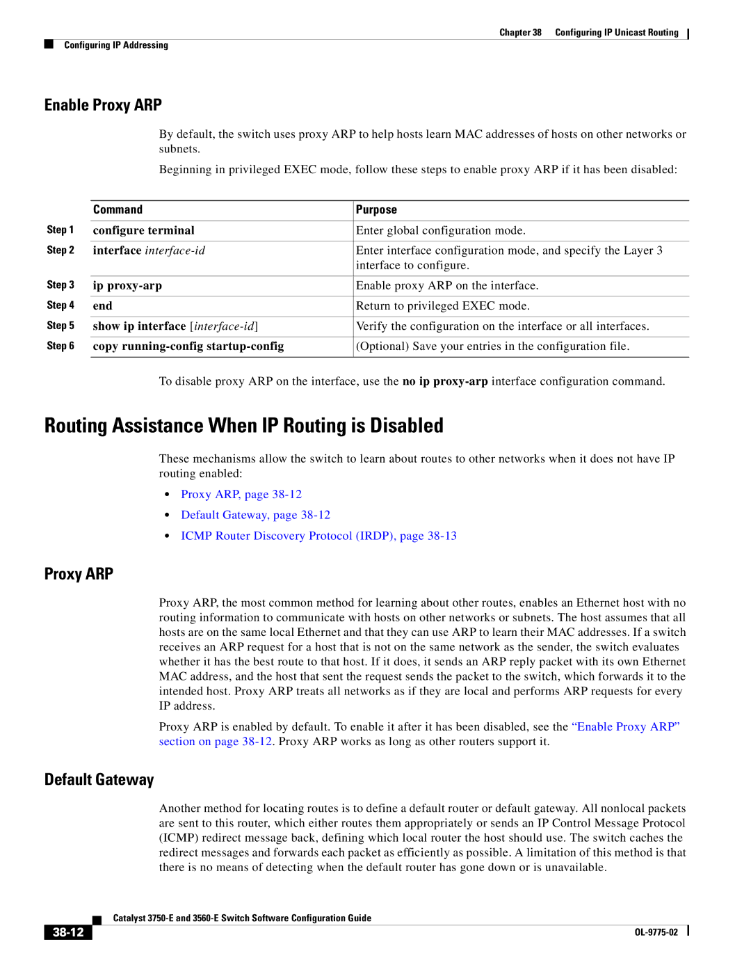 Cisco Systems 3750E manual Routing Assistance When IP Routing is Disabled, Enable Proxy ARP, Default Gateway, 38-12 