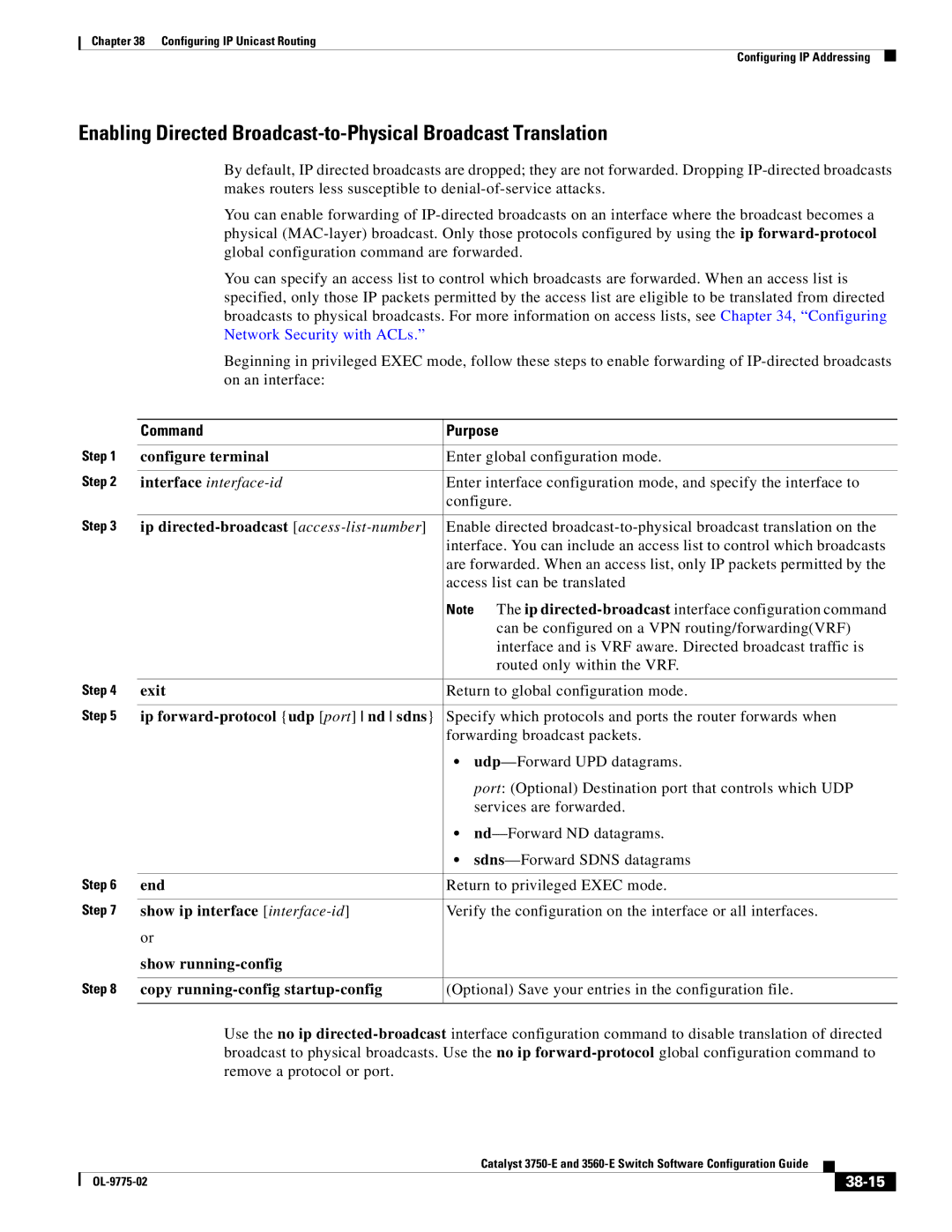 Cisco Systems 3750E manual Ip directed-broadcast access-list-number, Ip forward-protocol udp port nd sdns, 38-15 