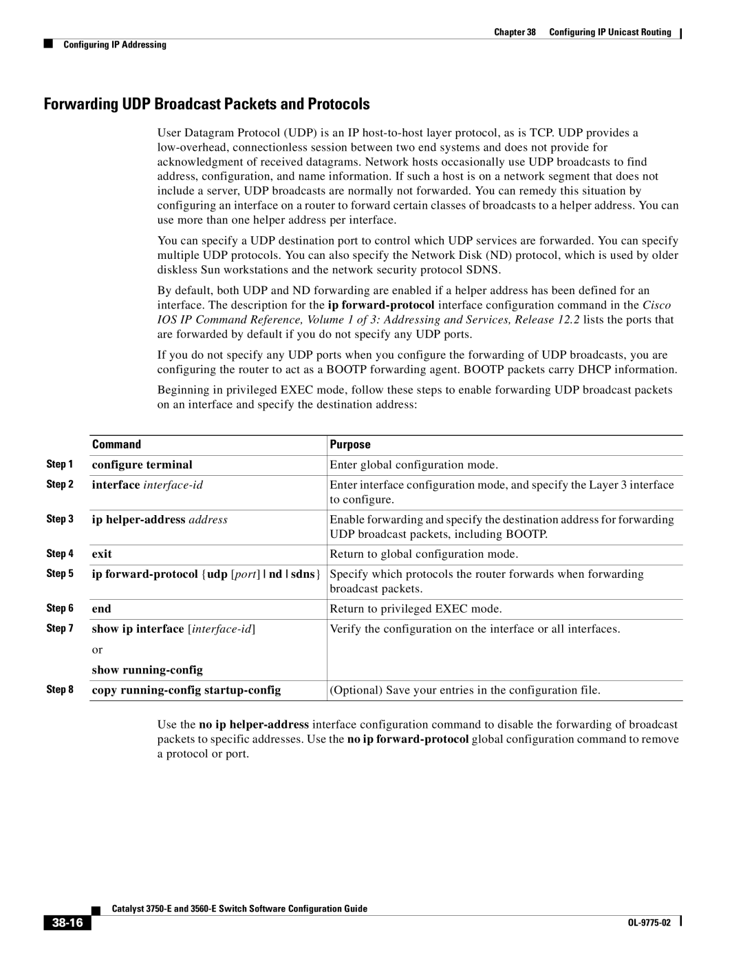 Cisco Systems 3750E manual Forwarding UDP Broadcast Packets and Protocols, 38-16 