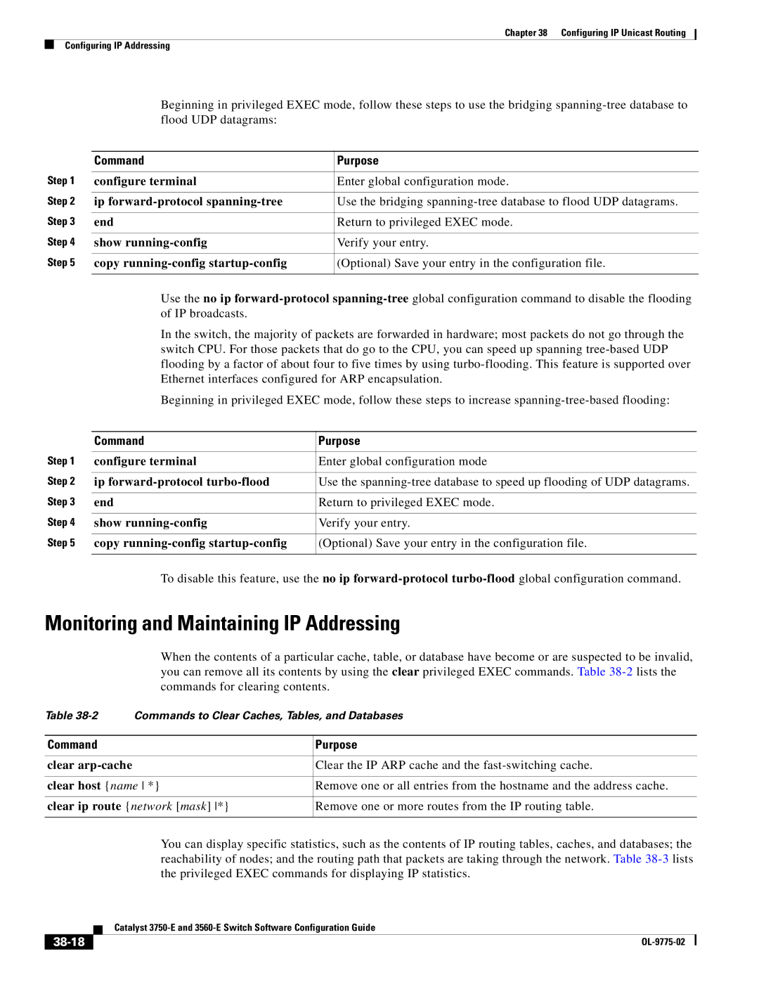 Cisco Systems 3750E manual Monitoring and Maintaining IP Addressing, Clear arp-cache, Clear host name, 38-18 