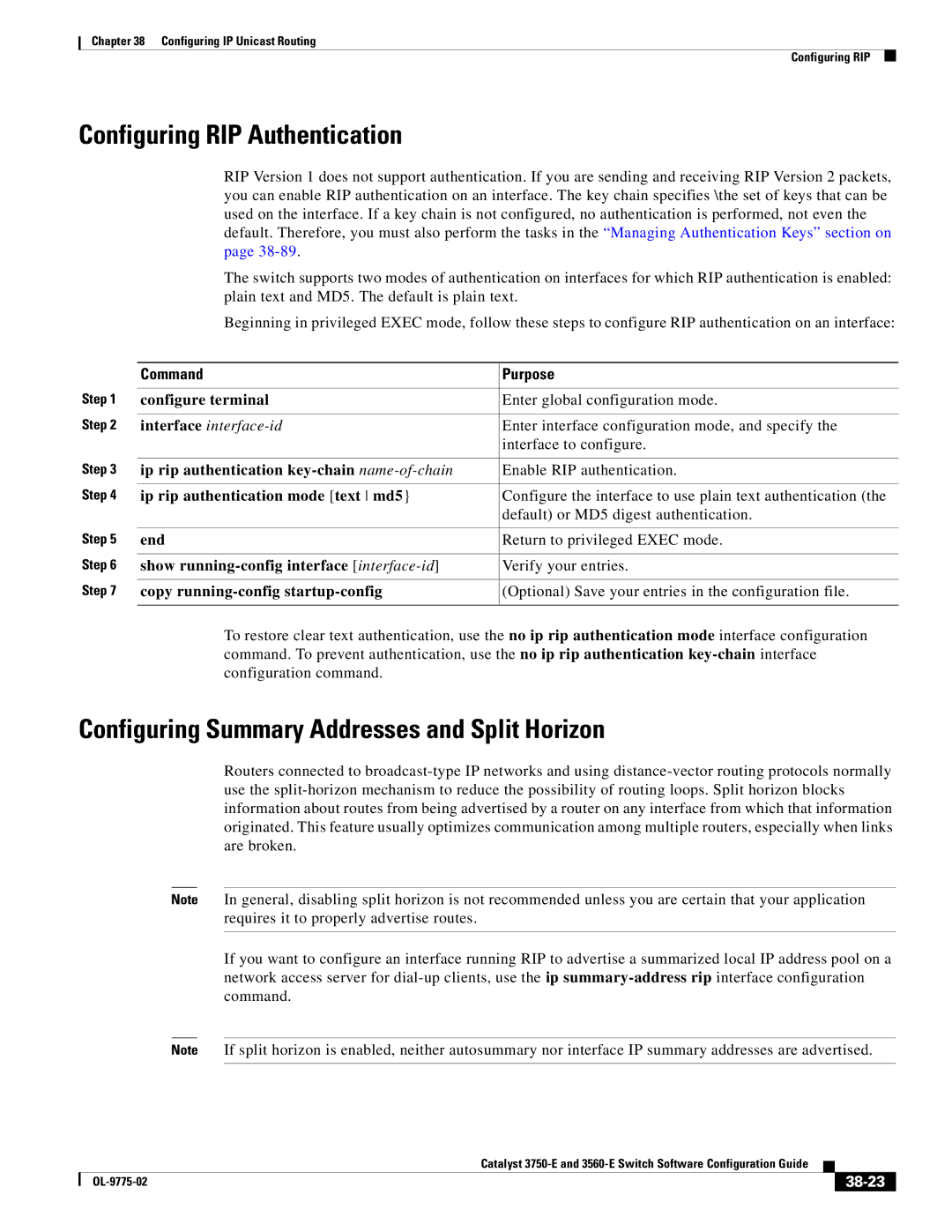 Cisco Systems 3750E manual Configuring RIP Authentication, Configuring Summary Addresses and Split Horizon, 38-23 