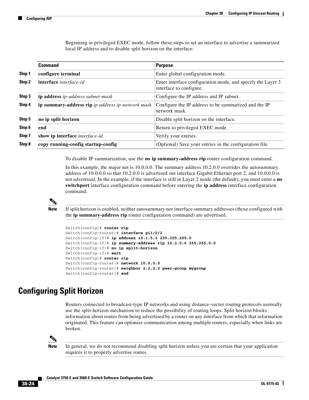 Cisco Systems 3750E Configuring Split Horizon, Ip summary-address rip ip address ip-network mask, No ip split horizon 