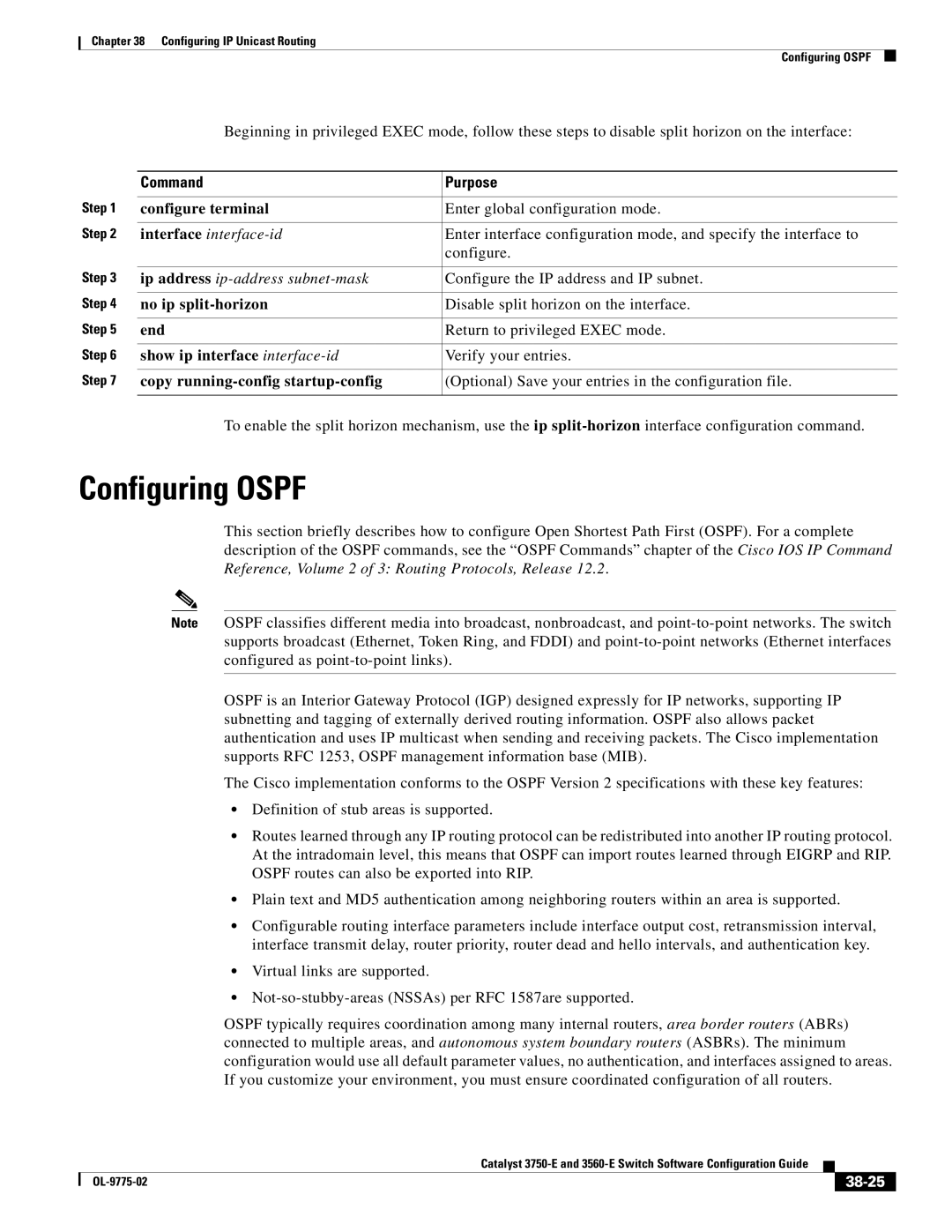 Cisco Systems 3750E manual Configuring Ospf, No ip split-horizon, 38-25 