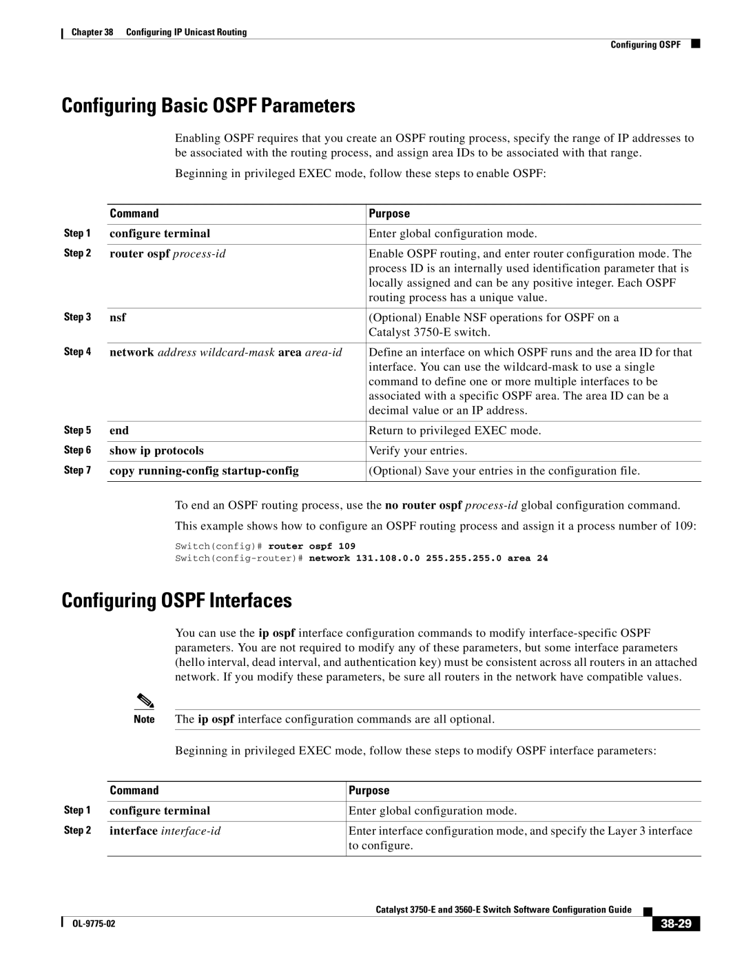 Cisco Systems 3750E manual Configuring Basic Ospf Parameters, Configuring Ospf Interfaces, 38-29 