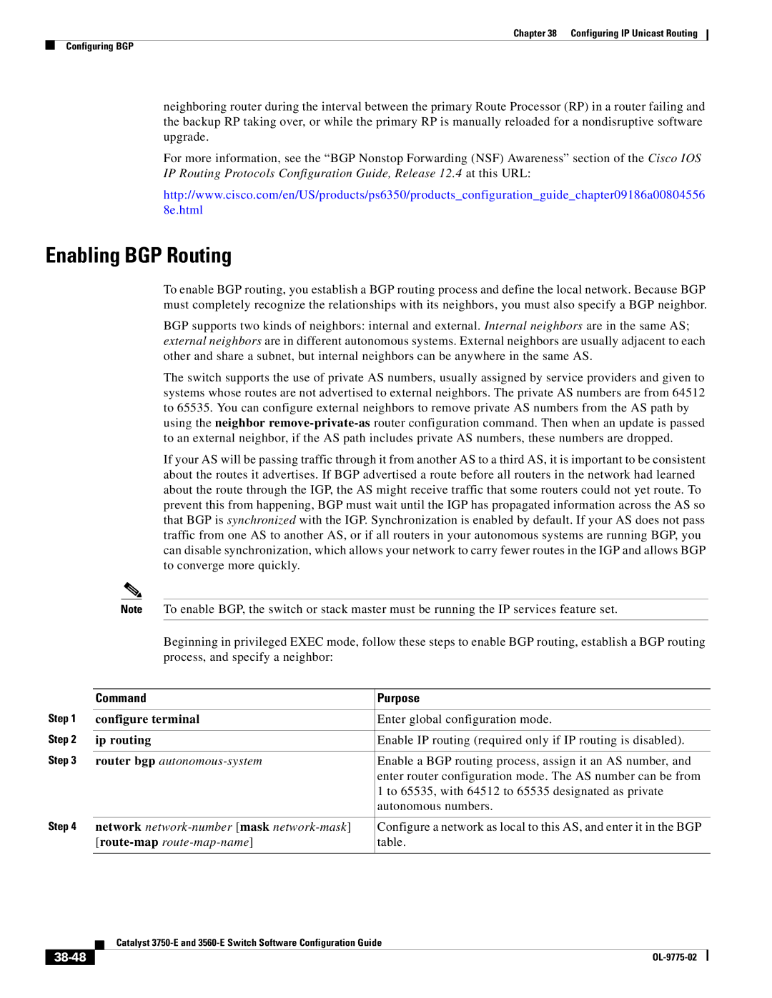 Cisco Systems 3750E Enabling BGP Routing, Router bgp autonomous-system, Network network-number mask network-mask, 38-48 