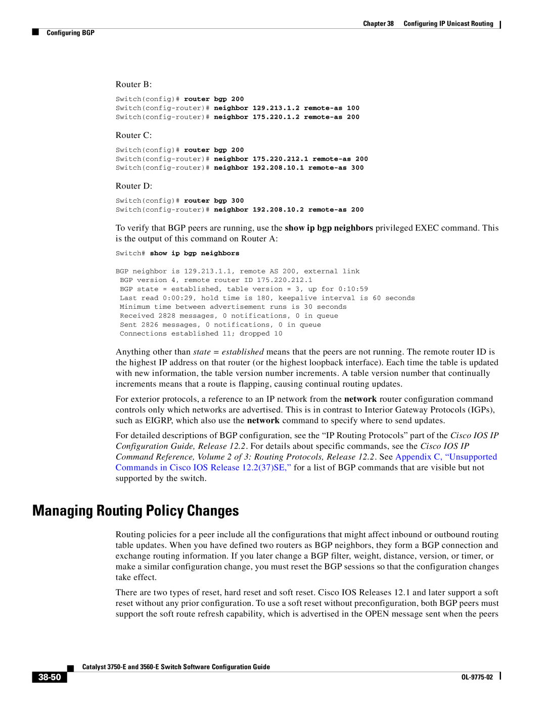 Cisco Systems 3750E manual Managing Routing Policy Changes, 38-50, Switchconfig-router#neighbor 192.208.10.2 remote-as 