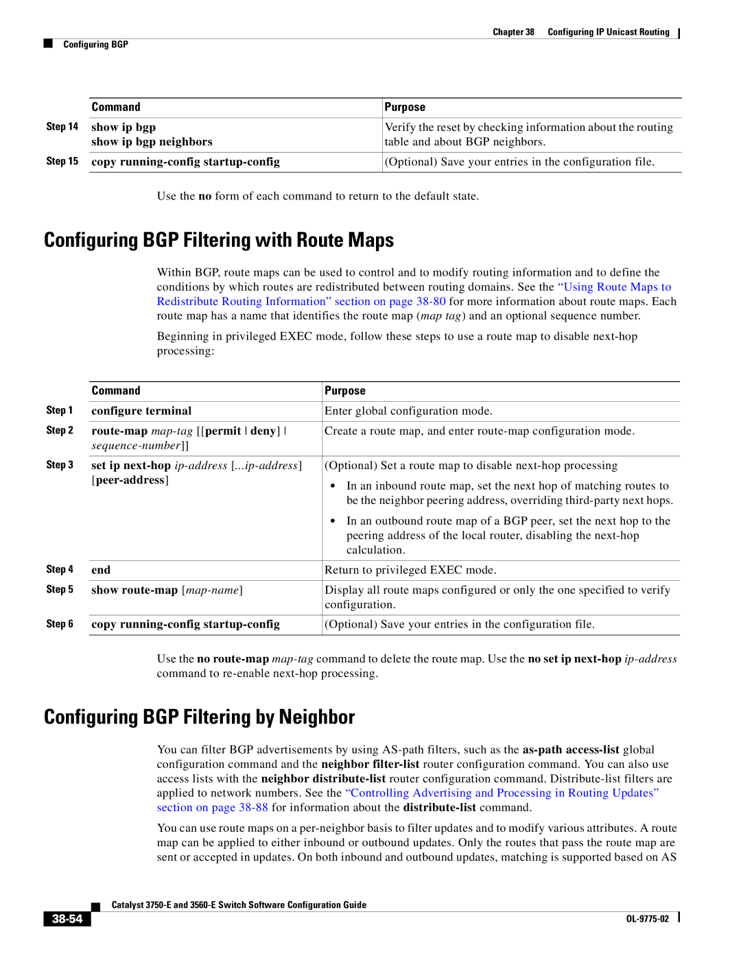 Cisco Systems 3750E manual Configuring BGP Filtering with Route Maps, Configuring BGP Filtering by Neighbor, 38-54 